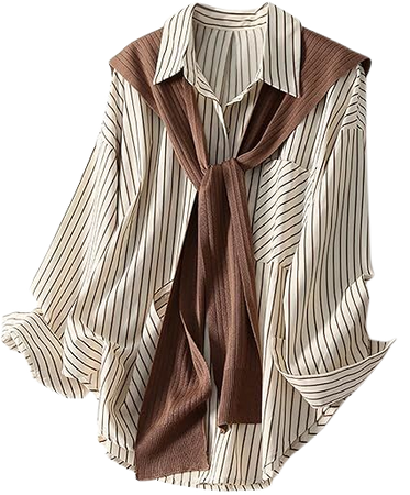 TheyLook Women's Long Sleeve Striped Shirt Button Down Lapel Collar Blouse with Knitted Shawl&Pocket at Amazon Women’s Clothing store