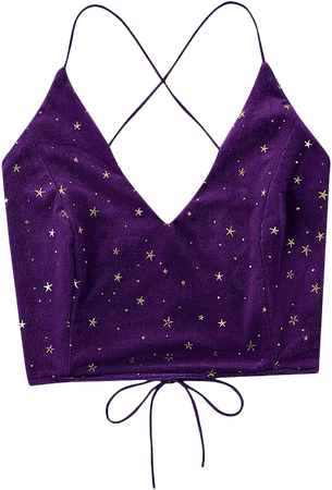 Verdusa Women's Velvet Galaxy Print Crisscross Back Spaghetti Strap Crop Cami Top at Amazon Women’s Clothing store