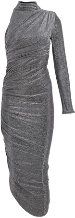Metallic Mock Neck Padded Shoulder Ruched Asymmetrical Midi Dress | Express