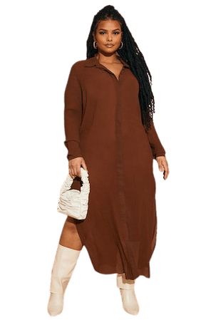 Plus Chocolate Plisse Midi Shirt Dress | PrettyLittleThing USA