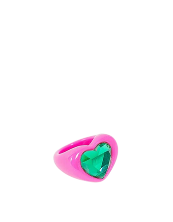 ASOS DESIGN ring in heart shape with emerald green jewel in hot pink plastic | ASOS