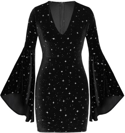 Star Pattern Bell Sleeve Velvet Short Dress - Cider