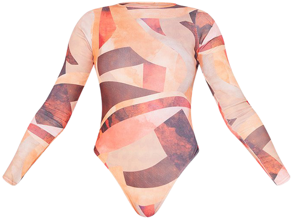 Orange Abstract Print Long Sleeve Bodysuit | PrettyLittleThing USA