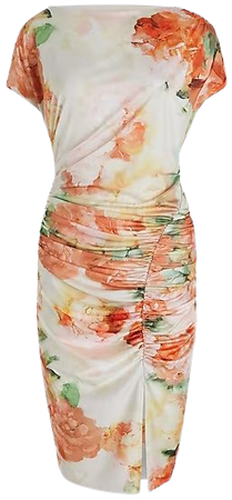 Floral Draped Cap Sleeve Ruched Midi Sheath Dress | Express