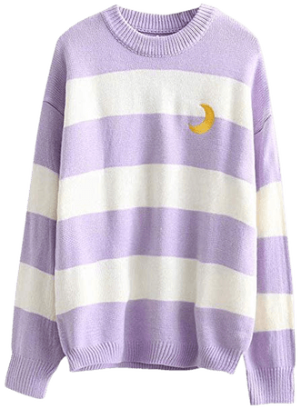 Packitcute Striped Knitted Sweater, Long Sleeve Moon Embroidery Cute Sweaters for Women (Light Purple) at Amazon Women’s Clothing store