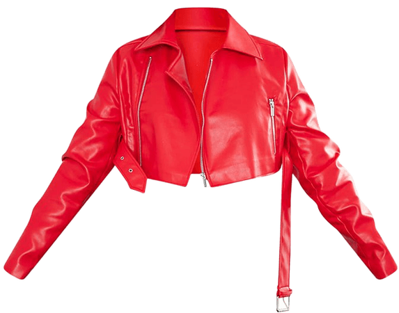 Red Faux Leather Super Cropped Belted Biker Jacket | PrettyLittleThing USA