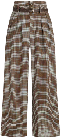 Houndstooth High Waist Belted Wide Leg Trousers - Cider