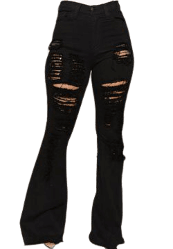 Black Cut Out Distressed Ripped Pockets Denim Bell Bottomed Flares Long Jean - Jeans - Bottoms