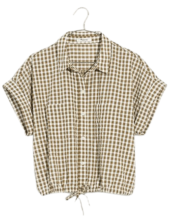 Seersucker Button-Up Drawstring Shirt in Plaid
