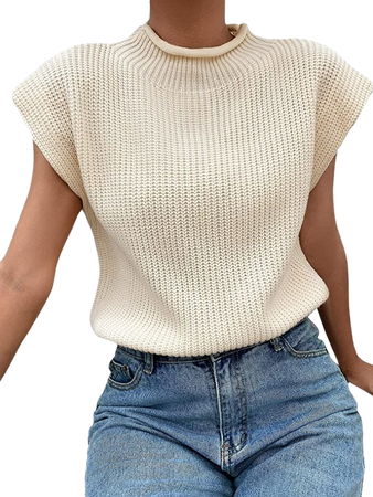 SheIn Women's Mock Neck Short Cap Sleeve Sweater Vest Casual Solid Pullover Top at Amazon Women’s Clothing store