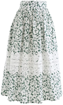 Crochet Decorated Green Floral Midi Skirt - Retro, Indie and Unique Fashion
