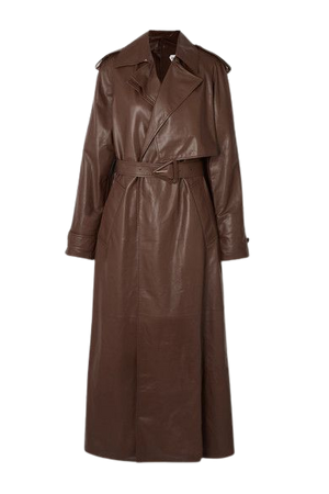 Belted Leather Trench Coat - Brown