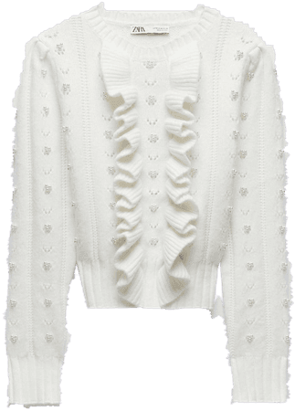 Zara White ruffled pearl sweater