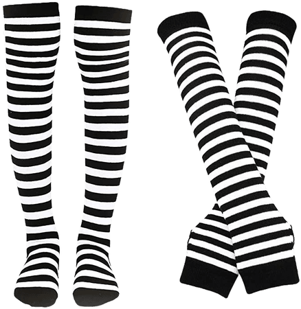 Bienvenu Women Stretch Striped Socks Knee High Stockings Long Arm Warmer Fingerless Mitten Gloves,White at Amazon Women’s Clothing store