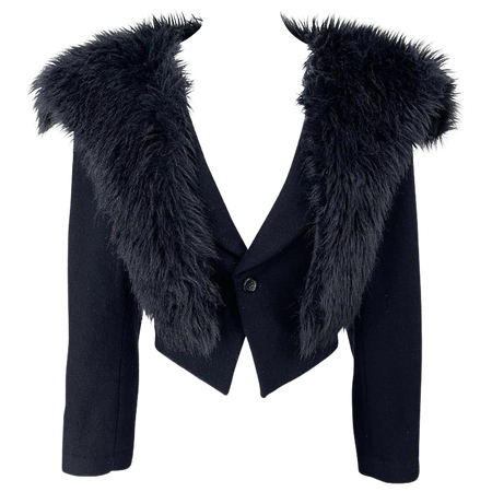 Comme Des Garçons 1990s Faux Fur Black Wool Vintage 90s Cropped Blazer Jacket
