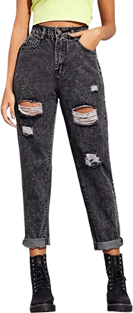 SweatyRocks Women's Ripped Boyfriend Jeans Distressed Denim High Waisted Jeans Black S at Amazon Women's Jeans store