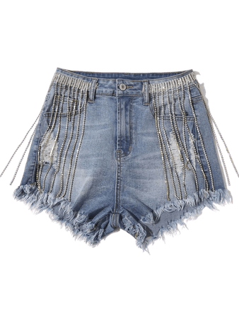 Raw Hem Rhinestone Chain Denim Shorts | SHEIN USA