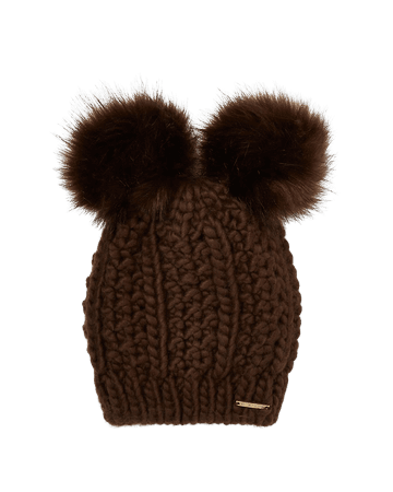 Brown pom pom cable knitted beanie hat | River Island