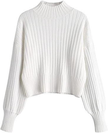 ZAFUL Women's Mock Neck Sweater Long Sleeve Ribbed Knit Basic Cropped Pullover Sweater (0-White) at Amazon Women’s Clothing store