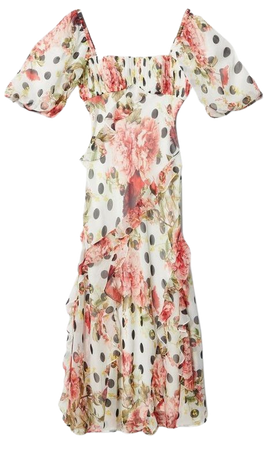 Spot Floral Chiffon Square Neck Ruffle Maxi Dress | Karen Millen