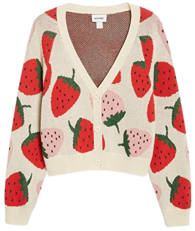 Buttoned V-neck cardigan w strawberry print - White w strawberries - Monki WW