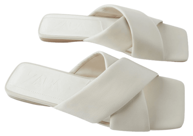 Zara white padded flat leather sandals