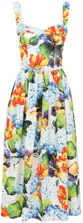 Hydrangea-print calf-length poplin dress in Multicolor for Women | Dolce&Gabbana®