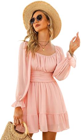 EXLURA Women Tie Back Long Lantern Sleeve Square Neck Ruffle Dress Elastic Waist Aline Casual Mini Dress Pink at Amazon Women’s Clothing store