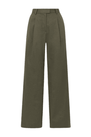 Angie Pleated Cotton-twill Wide-leg Pants - Dark green