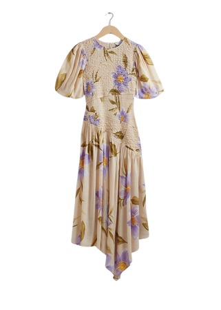 Smocked Asymmetric Midi Dress - Lilac Florals - Midi dresses - & Other Stories US