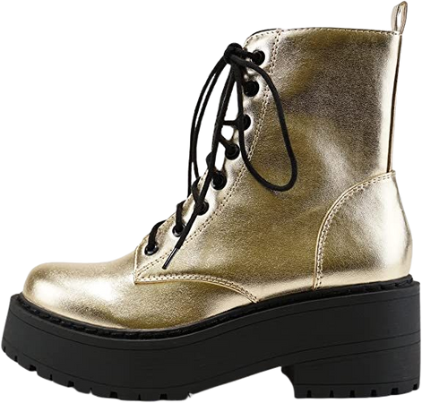 Amazon.com | Soda FLING Women Chunky Lug Sole Lace up Fashion Combat Ankle Boot w/Side Zipper (GOLD METALLIC PU, numeric_8) | Shoes