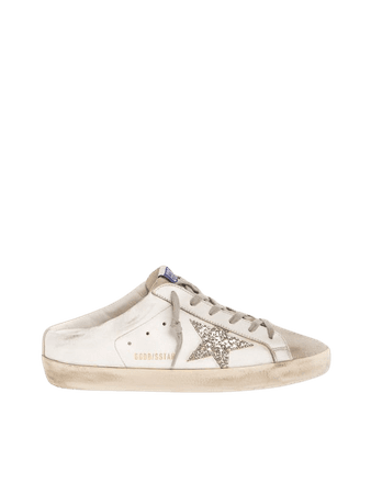 golden goose Super-Star Sabots in white leather and gray suede with silver  glitter star | Golden Goose | ShopLook