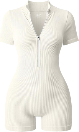 Amazon.com: OQQ Women Rompers Ribbed Short Sleeve Zip Front Stretch Tummy Control Yoga Workout Rompers Beige : Clothing, Shoes & Jewelry