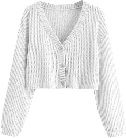 Floerns Women's Button Front Long Sleeve V Neck Cardigan Sweater Crop Tops White S at Amazon Women’s Clothing store