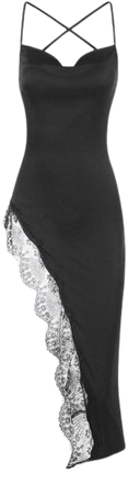 Women's Sexy Criss Cross Open Back Lace Trim Satin Asymmetrical Hem Spaghetti Strap Slip Cami Midi Party Dress In BLACK | ZAFUL 2023