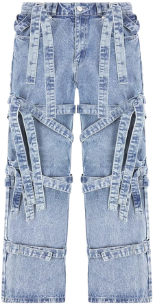 Denim Strap Cargo Jeans - Mid Blue | Manière De Voir USA