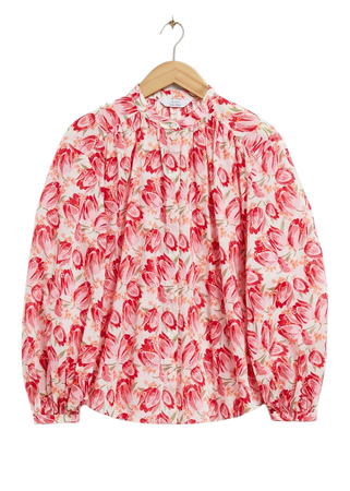 Loose-Fit Cotton Blouse - White/Red Tulip Floral Print - Blouses - & Other Stories US