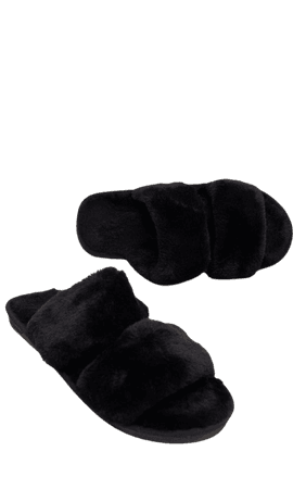 Black Fluffy Two Strap Slipper | PrettyLittleThing CA