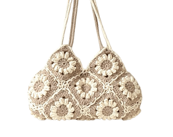 Beige crochet flowers bag hippie purse boho shoulder bag eco