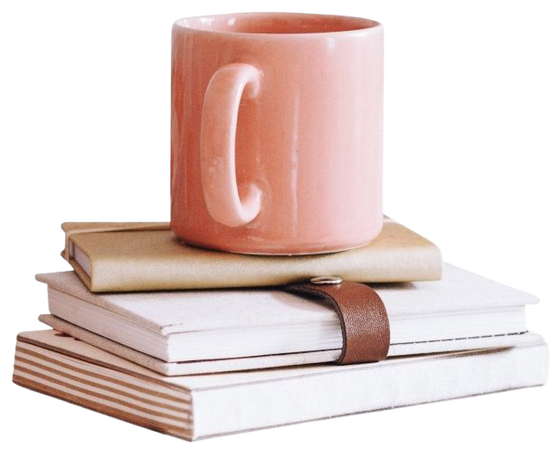 pink mug and books