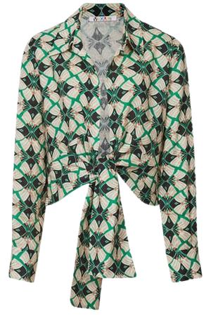 Reiss Green Corinne Print Linen Printed Tie Waist Shirt Blouse | REISS USA