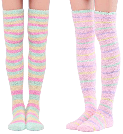Fuzzy Thigh High Socks Striped