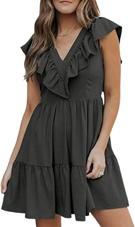 Asvivid Women's Deep V Neck Mini Dress Flowy Flared Swing Sleeveless Casual Short Dress Ruffle Shirred Sundress Gray XL at Amazon Women’s Clothing store