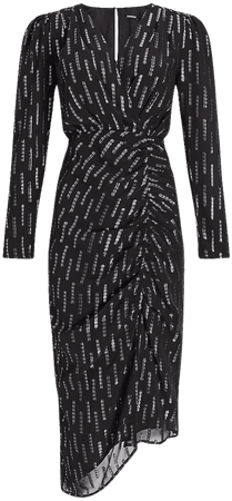 Metallic Faux Wrap Ruched Front Asymmetrical Midi Dress | Express