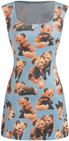 Square Neck Panda Graphic Bowknot Mini Dress - Cider