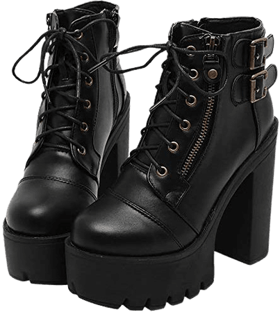 Amazon.com | Parisuit Women's Chunky High Heel Lace Up Combat Boots Platform Goth Ankle Boots Punk Buckle Booties-Black Size 4 | Ankle & Bootie