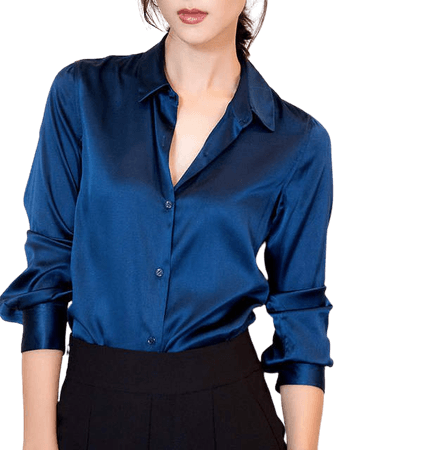 Online Shop S-XXXL Fashion women Dark blue satin silk blouse ladies casual long sleeve button Turndown Collar real silk satin blouses shirts | Aliexpress Mobile