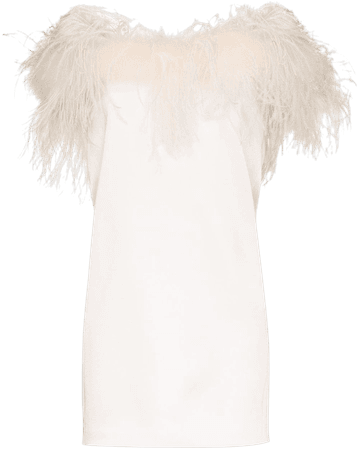 White Saint Laurent silk feather-trimmed mini dress - Farfetch