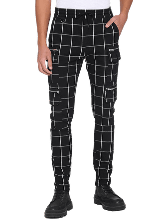 Black & White Grid Cargo Jogger Pants