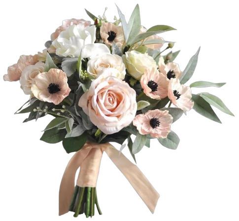 wedding bouquet, wedding flowers, bridal bouquet, boho, eucalyptus, poppy, anemone, rose, silk flowers, destination wedding, wedding, blush